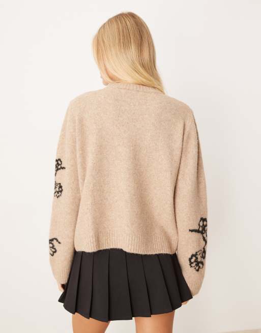 ASOS DESIGN knitted jumper with floral intarsia in burgundy, 4 of 4
