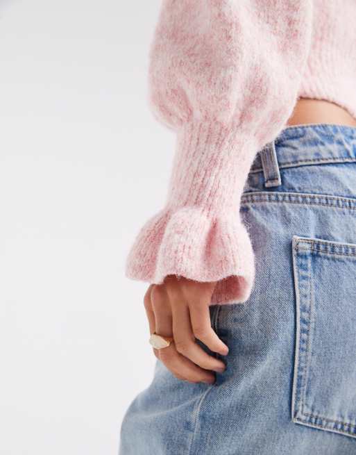 ASOS DESIGN knitted jumper with frill cuff in pink, 2 of 4