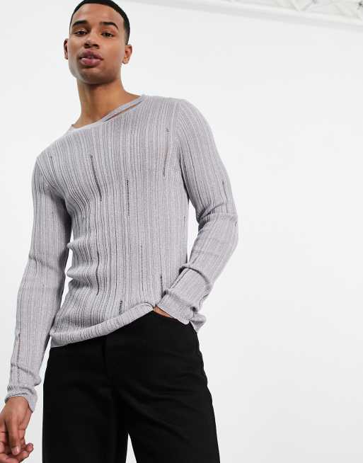 ASOS DESIGN knitted jumper with laddering in silver | ASOS