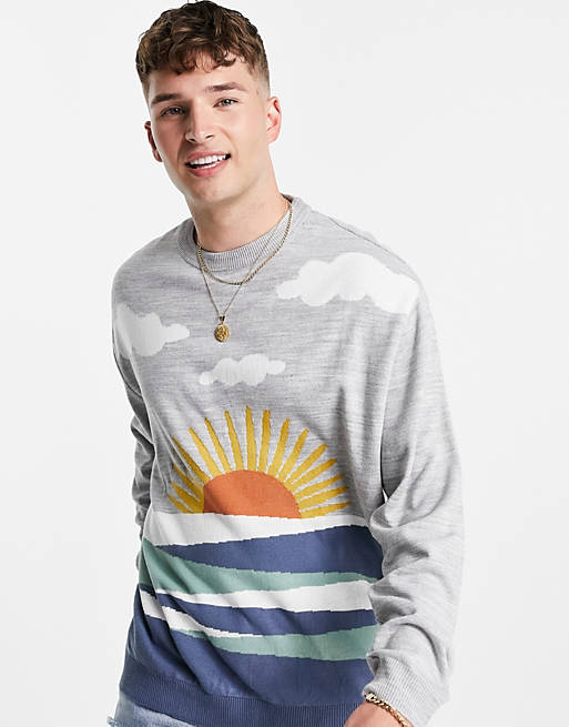 ASOS DESIGN knitted jumper with landscape pattern in grey