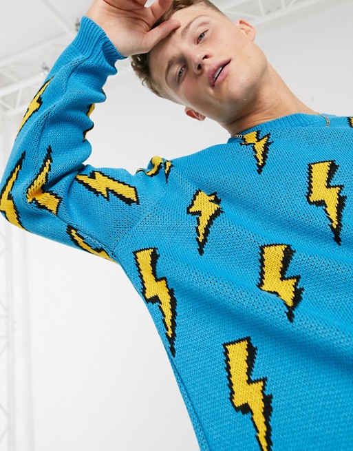 ASOS DESIGN knitted jumper with lightning bolt design in blue
