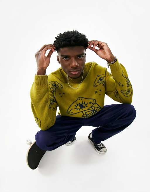 ASOS DESIGN knitted jumper with mushroom design in khaki | ASOS