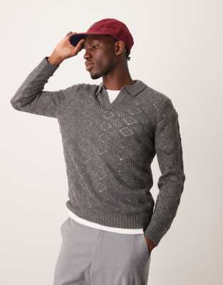 ASOS DESIGN ASOS DESIGN knitted jumper with notch neck in grey with texture