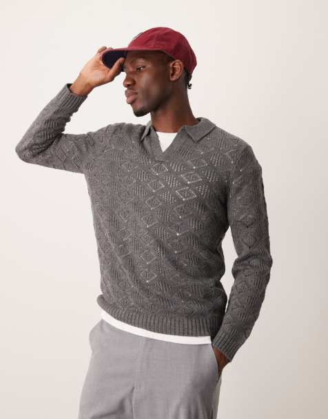 ASOS DESIGN knitted jumper with notch neck in grey with texture - view 1