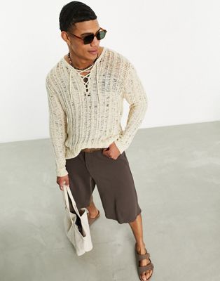 ASOS DESIGN knitted jumper with open stitch and lace up detail in sand