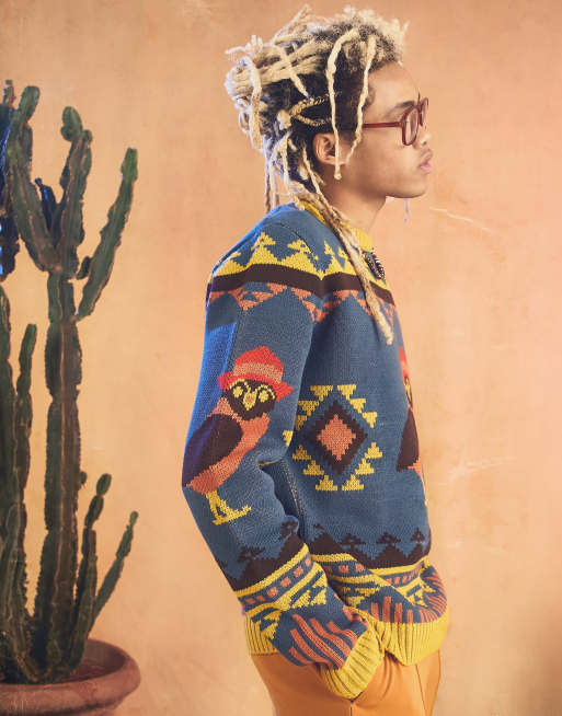 ASOS DESIGN knitted jumper with robin in blue
