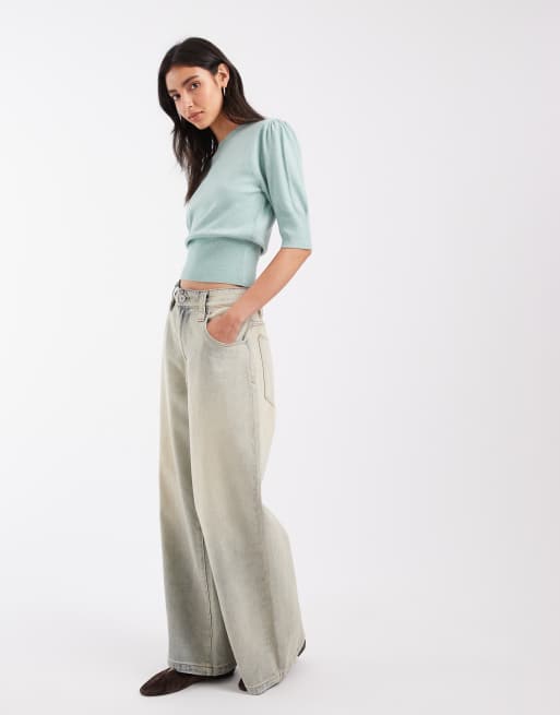 ASOS DESIGN knitted jumper with ruched sleeves in sage, 2 of 4
