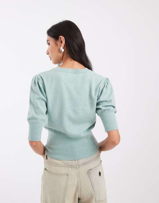ASOS DESIGN knitted jumper with ruched sleeves in sage, 3 of 4