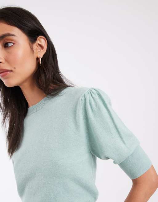 ASOS DESIGN knitted jumper with ruched sleeves in sage, 4 of 4