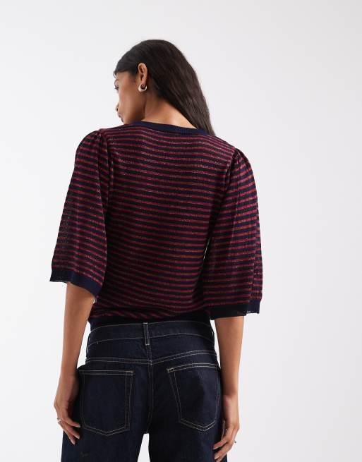 ASOS DESIGN knitted jumper with shoulder pad detail in red and navy stripe, 4 of 4
