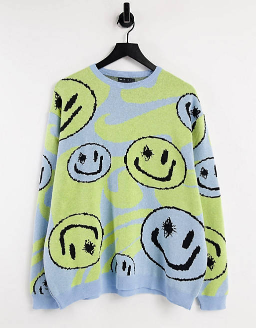 ASOS DESIGN knitted jumper with smile design in bue
