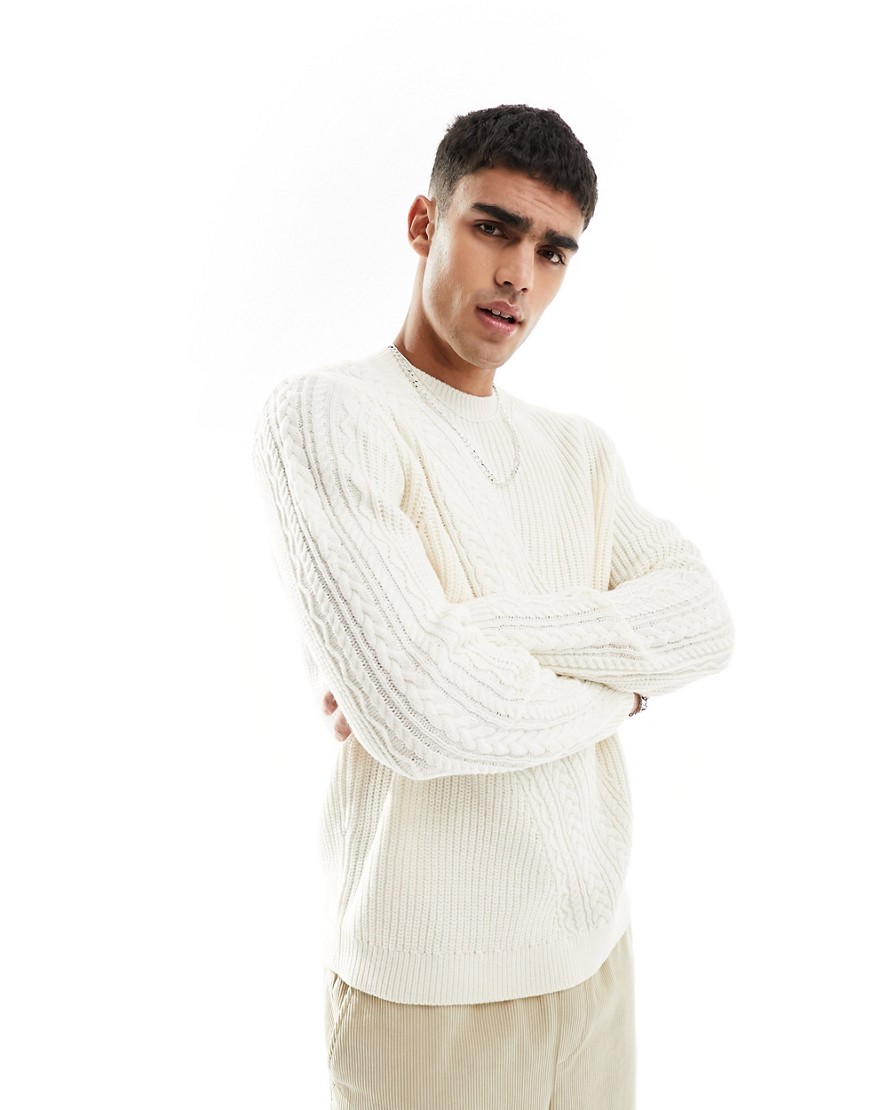 ASOS DESIGN knitted jumper with spliced cable detailing in cream-White