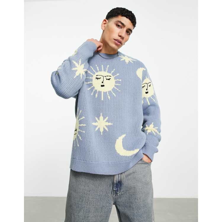 ASOS Knitted Oversized Jumper With Cloud Landscape Pattern in Blue