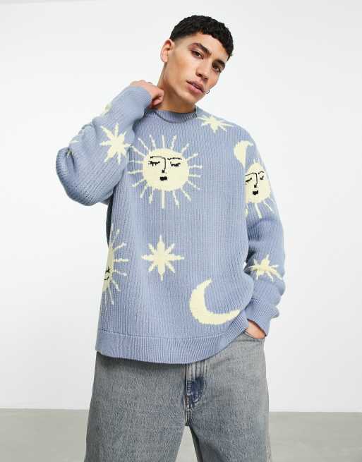 ASOS Knitted Oversized Jumper With Cloud Landscape Pattern in Blue for Men