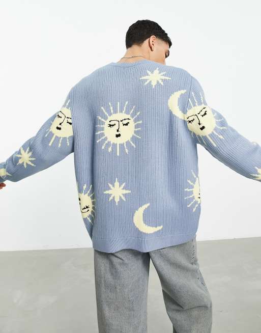 ASOS Knitted Oversized Jumper With Cloud Landscape Pattern in Blue for Men