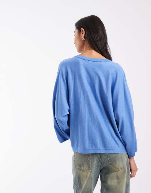 ASOS DESIGN knitted jumper with v neck in blue, 3 of 4
