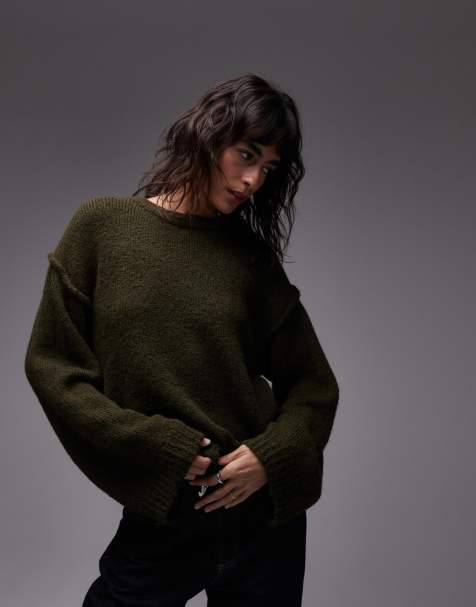 ASOS DESIGN knitted jumper with wool and exposed seams in khaki