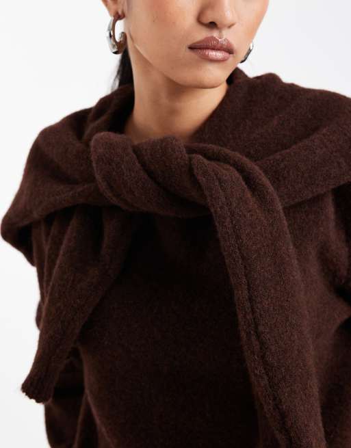 ASOS DESIGN knitted jumper with wool and scarf in brown, 2 of 4