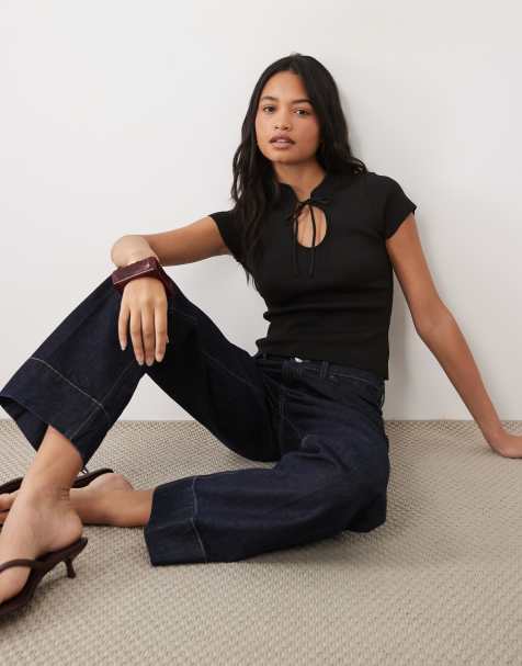 ASOS DESIGN knitted keyhole short sleeve top in black - view 1