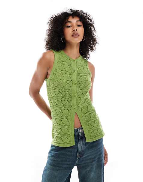 ASOS DESIGN knitted lace stitch waistcoat in green - view 1