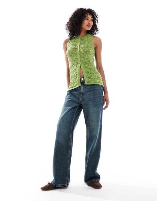 ASOS DESIGN knitted lace stitch waistcoat in green, 2 of 4