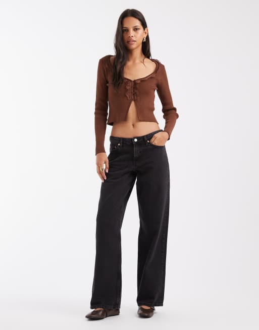 ASOS DESIGN knitted lace trim cardigan in chocolate brown, 3 of 4