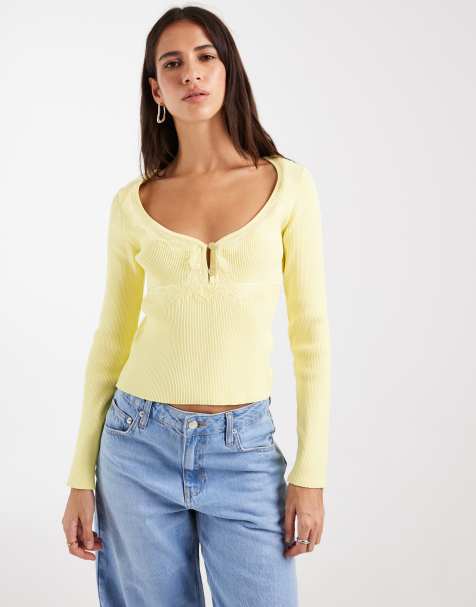 ASOS DESIGN knitted lace trim long sleeve top in yellow - view 1