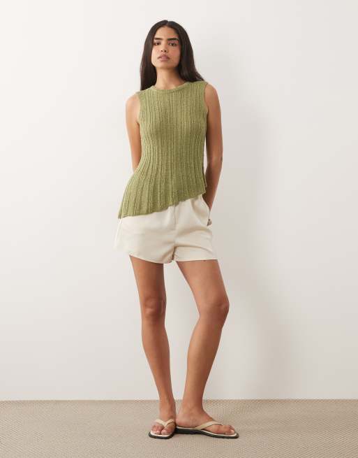 ASOS DESIGN knitted ladder stitch asymmetrical top in khaki, 2 of 4