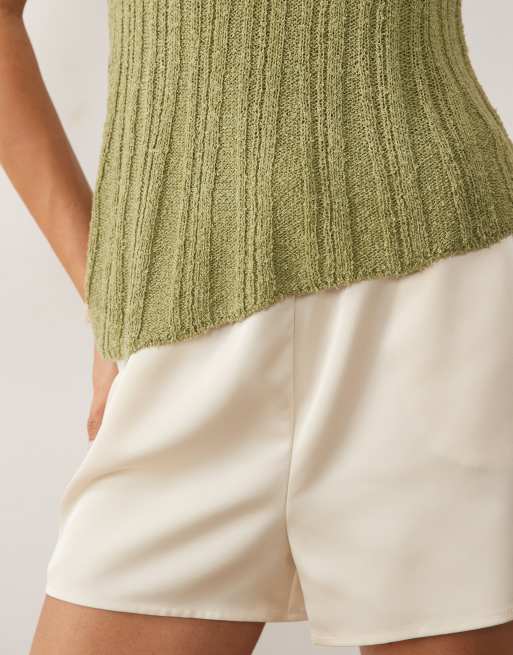 ASOS DESIGN knitted ladder stitch asymmetrical top in khaki, 3 of 4