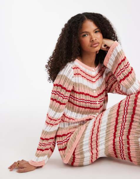 ASOS DESIGN knitted ladder stitch cardigan in orange stripe (part of a set) - view 1
