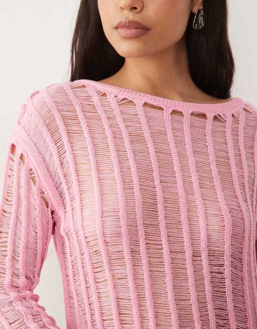 ASOS DESIGN knitted ladder stitch jumper in pink, 2 of 4