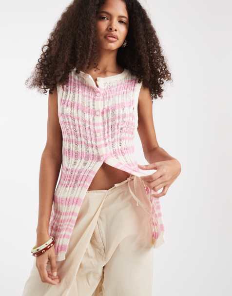 ASOS DESIGN knitted ladder stitch top in pink stripe - view 1