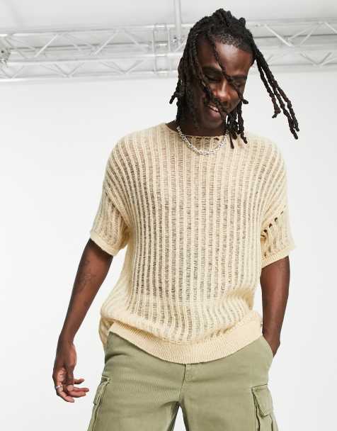 ASOS DESIGN knitted laddered t-shirt in stone
