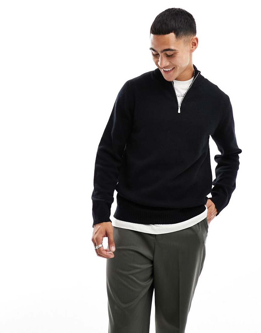 ASOS DESIGN knitted lambswool 1/4 zip jumper in black
