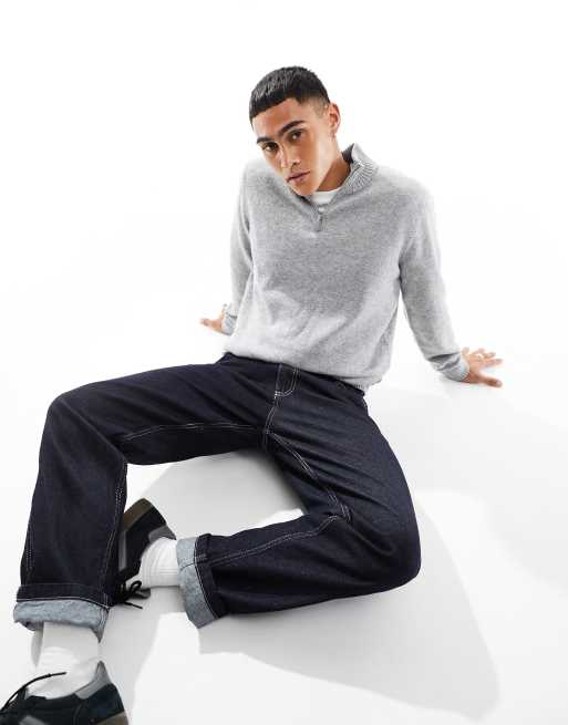 ASOS DESIGN knitted lambswool 1/4 zip jumper in grey