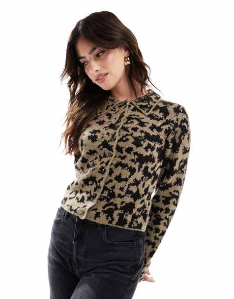 ASOS DESIGN knitted leopard print collar cardigan in mocha - view 1
