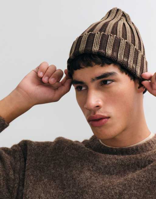 ASOS DESIGN knitted light wash chunky rib beanie in beige, 2 of 3