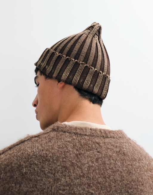 ASOS DESIGN knitted light wash chunky rib beanie in beige, 3 of 3