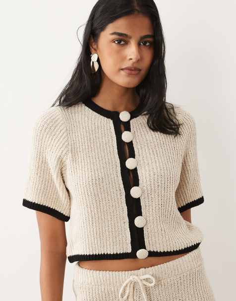 ASOS DESIGN knitted linen blend cardigan co-ord in ecru - view 1