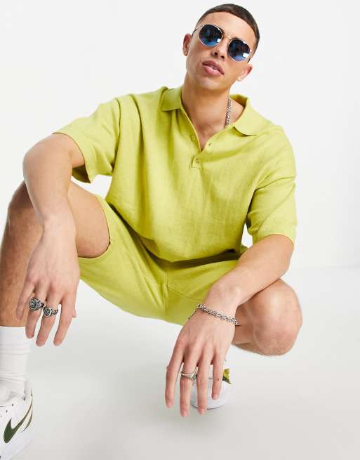 ASOS DESIGN knitted linen mix polo tshirt coord in yellow yarn ASOS