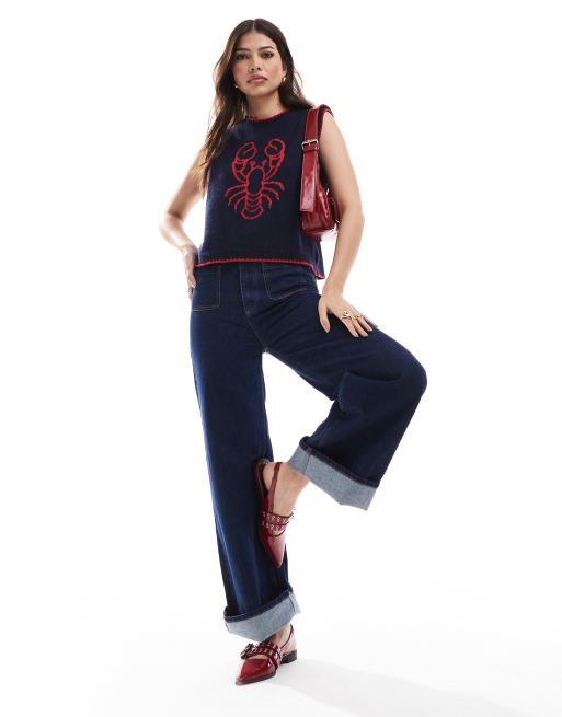 ASOS DESIGN knitted lobster tank top in navy