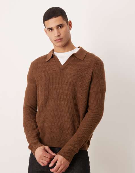 ASOS DESIGN knitted long sleeve basket stitch notch neck polo in brown
