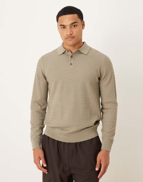 ASOS DESIGN knitted long sleeve basket stitch polo in khaki - view 1