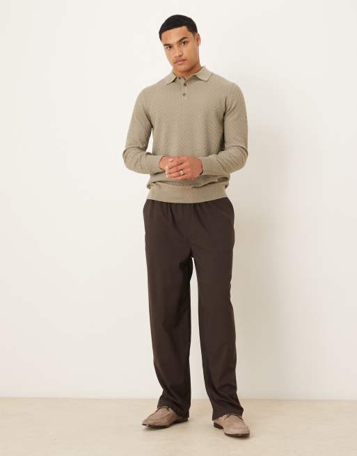 ASOS DESIGN knitted long sleeve basket stitch polo in khaki, 2 of 5