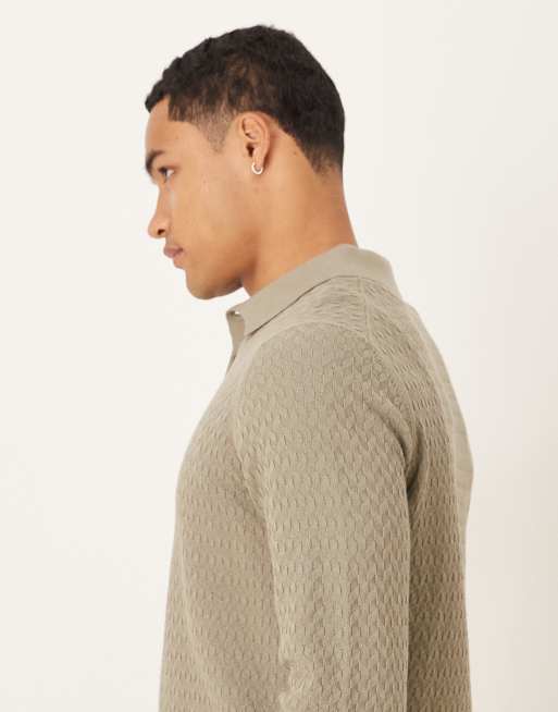 ASOS DESIGN knitted long sleeve basket stitch polo in khaki, 4 of 5