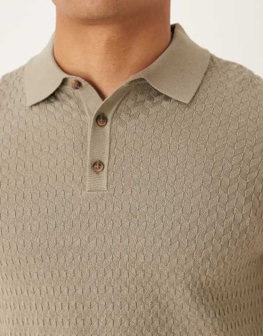 ASOS DESIGN knitted long sleeve basket stitch polo in khaki, 5 of 5