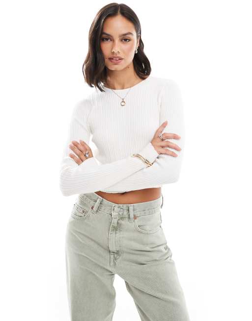 CerbeShops DESIGN knitted long sleeve crop top with crew neck in white