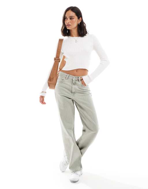 ASOS DESIGN knitted long sleeve crop top with crew neck in white - Main Image