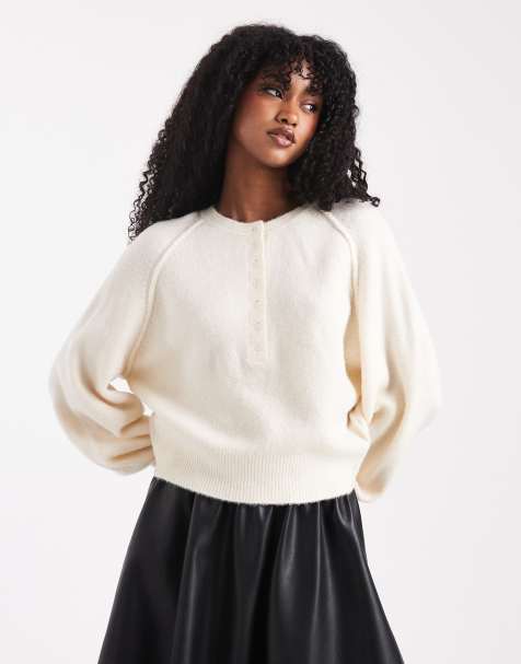 ASOS DESIGN knitted long sleeve henley jumper in cream - view 1
