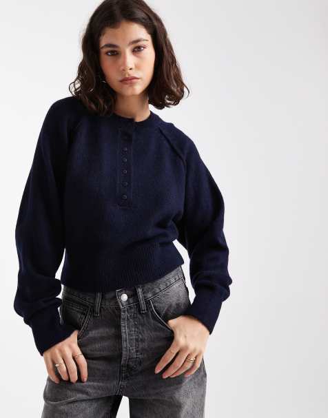 ASOS DESIGN knitted long sleeve henley jumper in navy - view 1